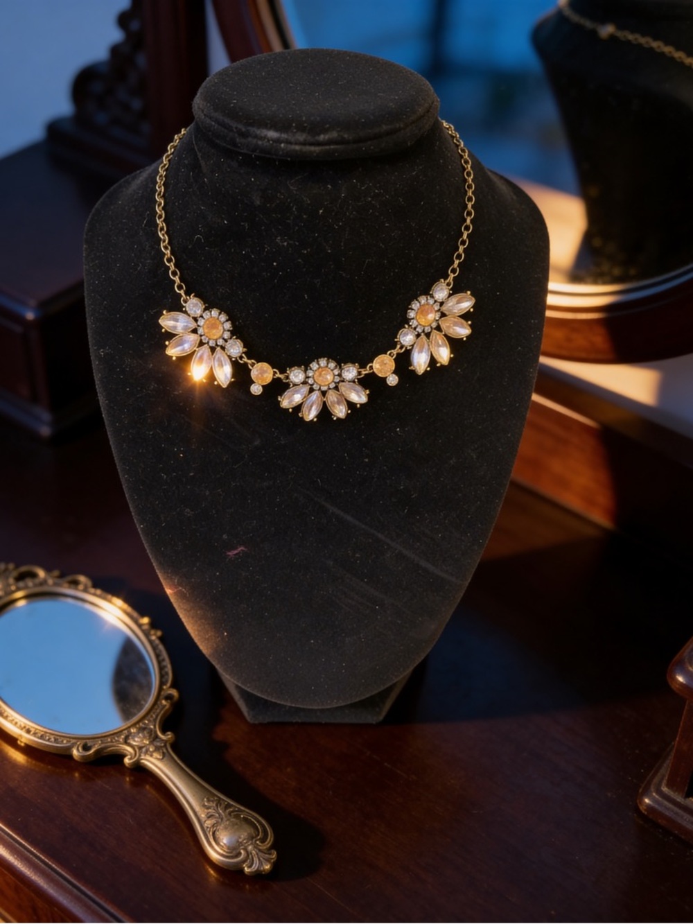 Floral Bib / “Three-Flower” Crystal Statement Necklace